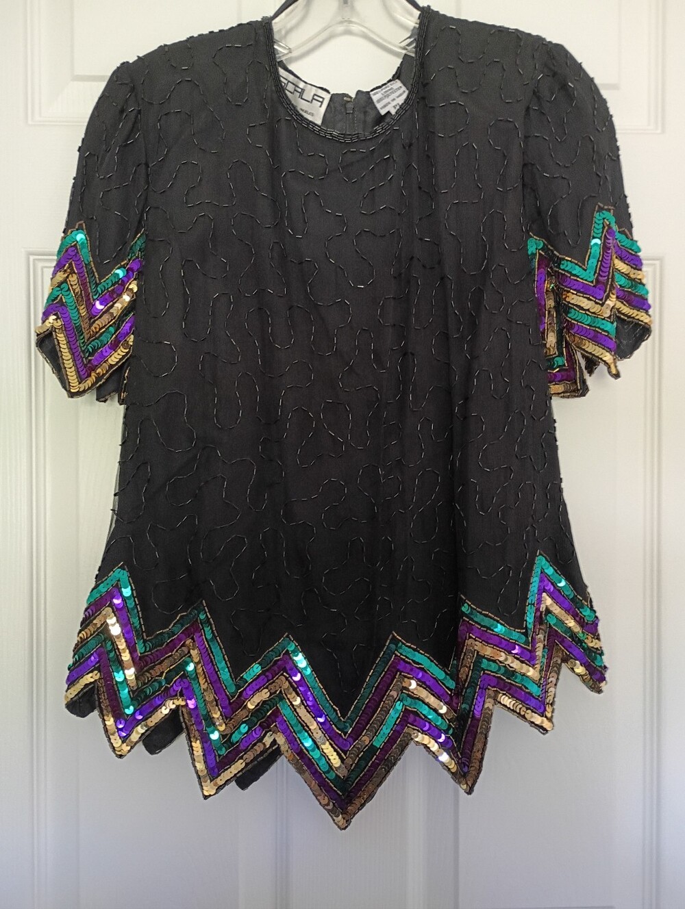 Scala Black Sequin Chevron Hem Short Sleeve Top